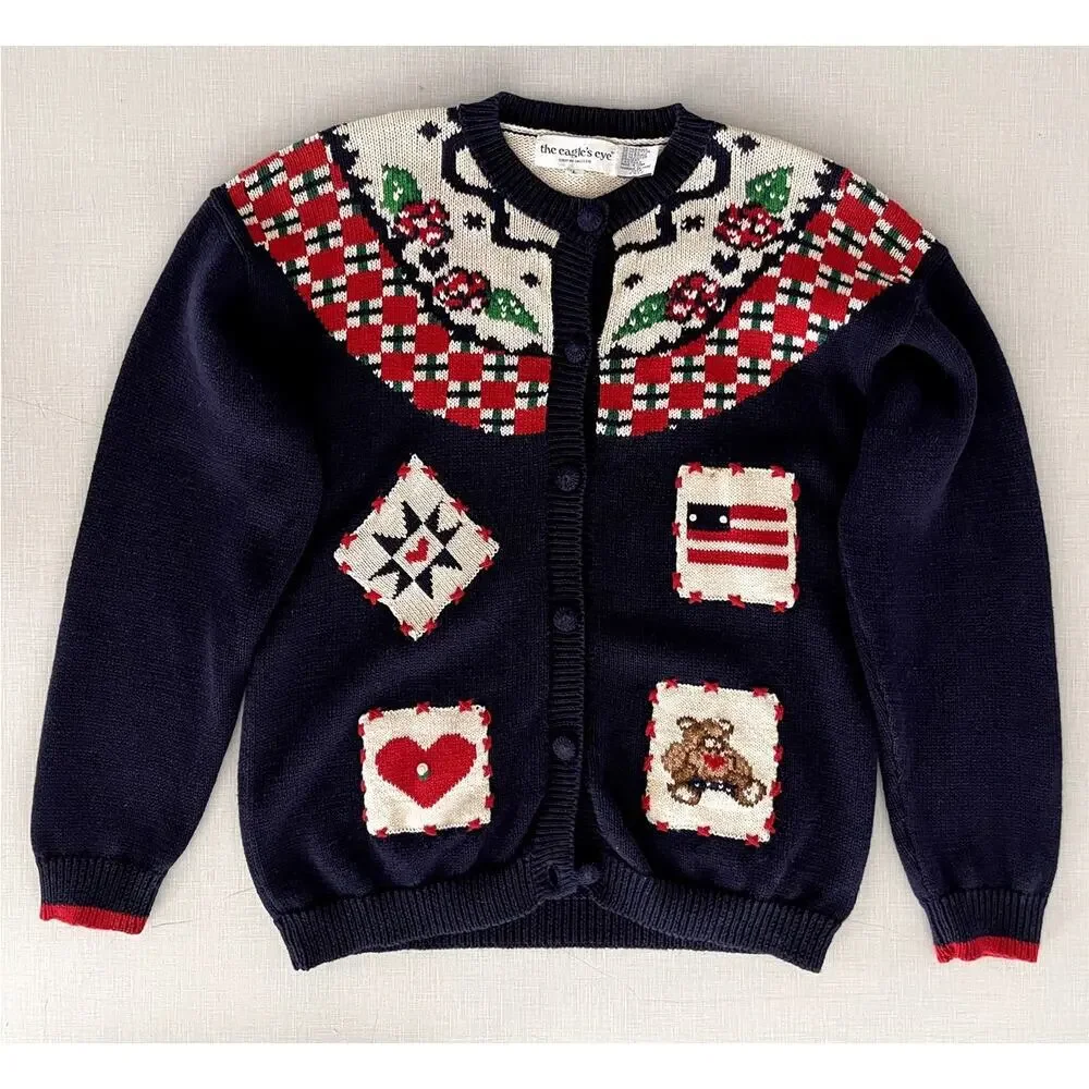 The Eagle's Eye L Americana Cardigan Sweater 90s Vintage Patriotic 4th of July - Picture 3 of 12